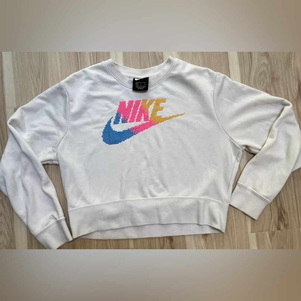 Nike Cream Cross Stitch Logo Fleece Crewneck Sweater SZ Small